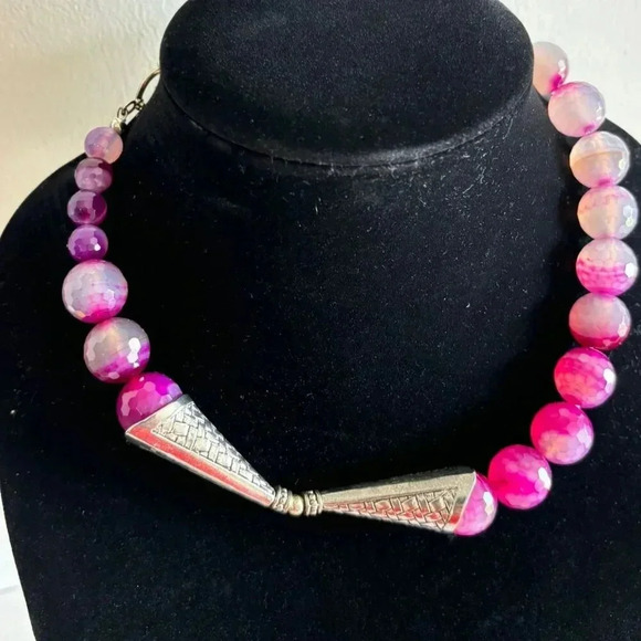 Agate Womens Silver Plated Round Beaded Necklace Multicolor Size 8" - Picture 7 of 9
